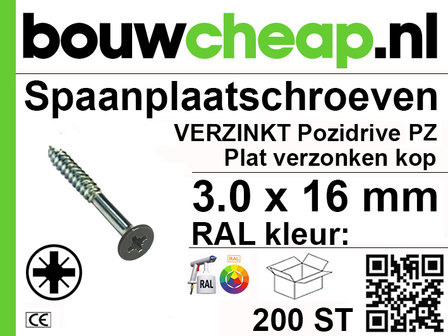 Spaanplaatschroeven GM 3.0x16mm PZ PVK 200st