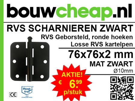 Scharnier RVS ZWART ronde hoeken 76x76x2mm