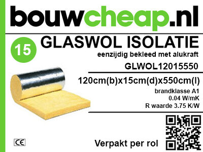 Glaswol isolatie 150mm R=3.75 // 1.2x5.5 mtr