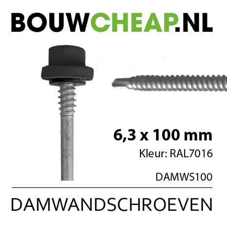 Damwandschroef 6.3x100mm RAL7016