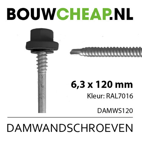 Damwandschroef 6.3x120mm RAL7016