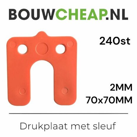 Oranje drukplaat met twee gaten en een uitsparing, afmetingen 70x70 mm, dikte 2 mm, te koop in een set van 240 stuks.