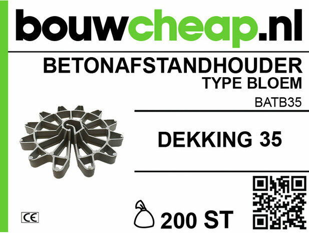 Betonafstander in bloemvorm, grijs kunststof, merk Bouwcheap met groene en zwarte tekst, inclusief QR-code.