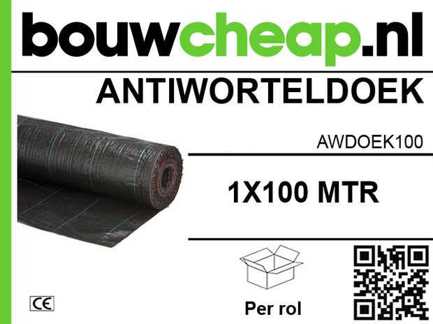 Zwart anti-worteldoek op een rol, met groene en zwarte tekst en een QR-code in de rechterbenedenhoek.