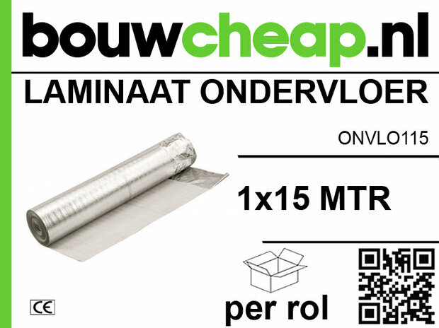 Zilverachtige ondervloerrol van laminaat, 1x15 meter, met groen-wit logo en QR-code op een lichte achtergrond.