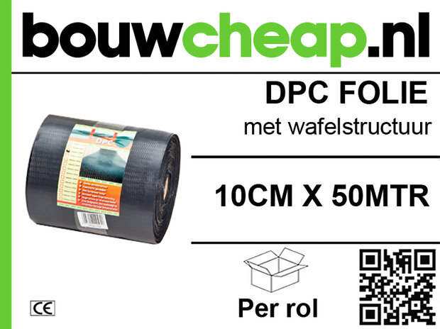 Zwarte DPC folie met wafelstructuur, 10cm x 50m, verpakt per rol, met merklogo en QR-code rechtsonder.