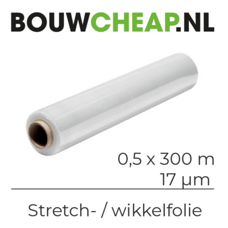 Zichtbare rol van transparante stretchfolie met een diameter van 0,5 x 300 m en een dikte van 17 &micro;m.