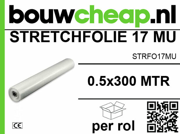 Witte stretchfolierol van 0,5 x 300 meter met groen logo en duidelijke productinformatie. Verpakt per rol.