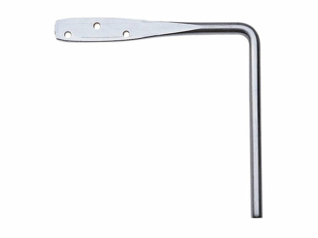 Korte, gebogen metalen inbussleutel met een glanzend zilveren afwerking en twee gaten voor bevestiging.