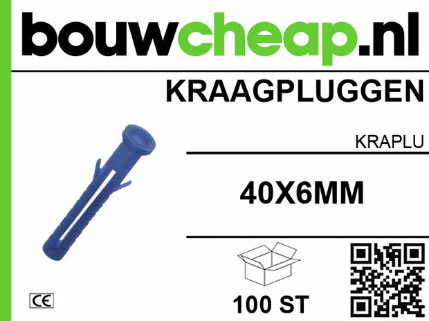 Blauwe kraagpluggen in pak van 100 stuks, met indicator voor maat 40x6 mm en een logo van bouwcheap.nl.