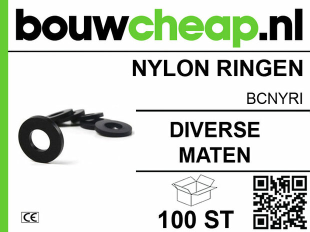 Witte nylon ringen met een diameter van 30 mm en een binnenmaat van M8, verpakt in een doos met 100 stuks.