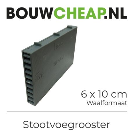 Grijze stootvoegrooster van 6 x 10 cm met ribbelstructuur en inspringende zijkanten. Geplaatst op witte achtergrond.