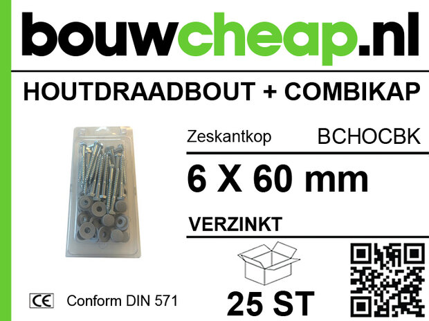 Zeskantige schroeven en ringen in verpakking met specificaties, barcode en logo op een groene en zwarte achtergrond.