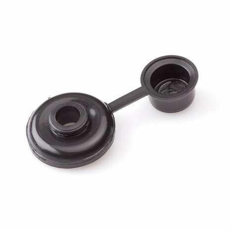 Zwarte rubberen afdichting met een ronde schijf en een opstaand lipje voor het afsluiten van een opening.