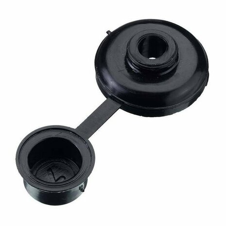 Zwarte kunststof afdekkap met een ronde vorm en een lange lip, geschikt voor verschillende toepassingen.