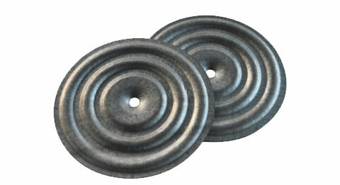 Twee grijze metalen schijven met een ronde, geribbelde structuur en een centraal gat.