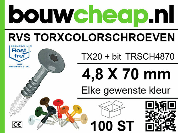 RVS Torx-schroef in diverse kleuren met een TX20-bit, verpakking van 100 stuks, voorzien van het Bouwcheap-logo.