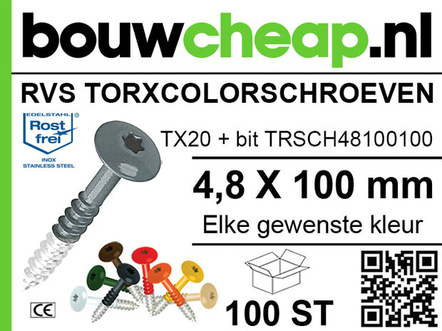 RVS Torx-schroeven in verschillende kleuren, met TX20 bit en afmetingen 4,8 x 100 mm, op een frisse groene achtergrond.