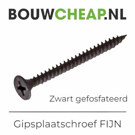 Zwarte gipsplaat-schroef met een gefosfeerde afwerking en een gekruist bovenstuk voor eenvoudig gebruik.