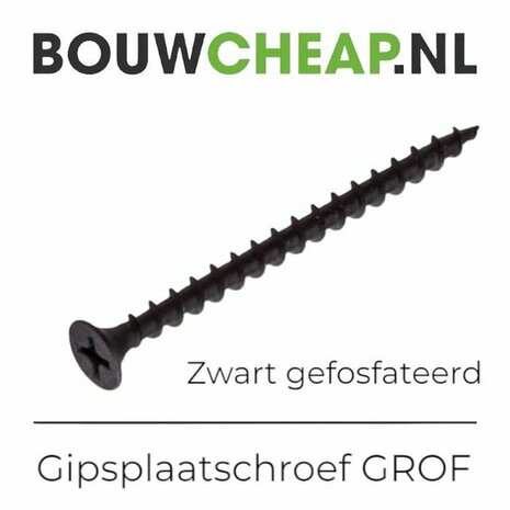 Zwarte gipsplaatschroef met grove schroefdraad en een kruiskop, waarop 'BouwCheap.nl' is afgedrukt.