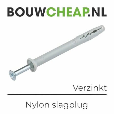 Grijze nylon slagplug met metalen schroef en verzinkte kop, staande op een witte achtergrond met tekst bovenaan.
