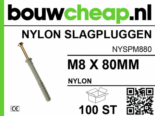 Lichtgrijze nylon slagpluggen op wit en groene achtergrond met merklogo bouwcheap.nl en QR-code. Maat M8 x 80mm, 100 stuks.
