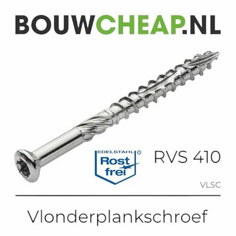 Glinsterende RVS schroef met een grove schroefdraad en een zeshoekige kop, geschikt voor vlonderplanken.