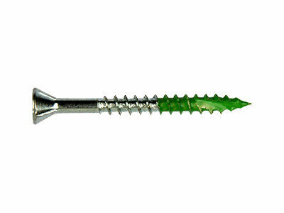 Een metalen schroef met een groene schroefdraad en een ronde kop, voorzien van zichtbare ribbels.