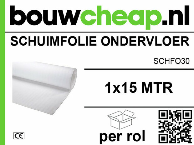 Witte schuinfolie ondervloeroprol van 1x15 meter, verpakt met bouwcheap.nl logo en QR-code.