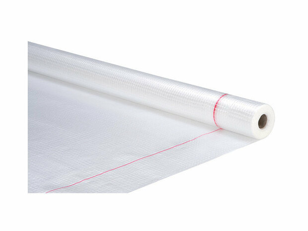 Witte, sterke folie van kunststof met een rode streep, uitgerold op een kartonnen rol.