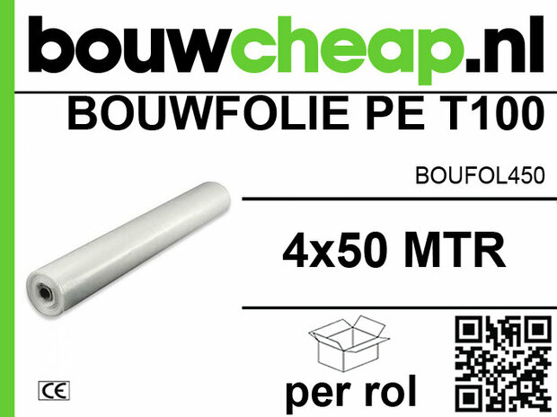 Transparante bouwfolie van PE T100, 4x50 meter, verpakt op een rol met een groen en zwart merklogo.
