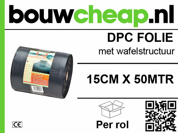 Zwarte DPC folie met wafelstructuur, 15 cm x 50 m, verpakt per rol. Merk 'bouwcheap.nl' zichtbaar op de verpakking.