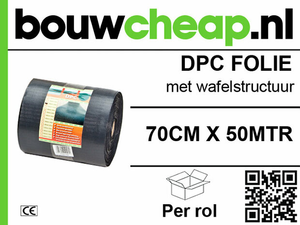 Zwarte DPC folie met wafelstructuur, rol van 70 cm x 50 m, met bouwcheap.nl logo en QR-code voor productinformatie.