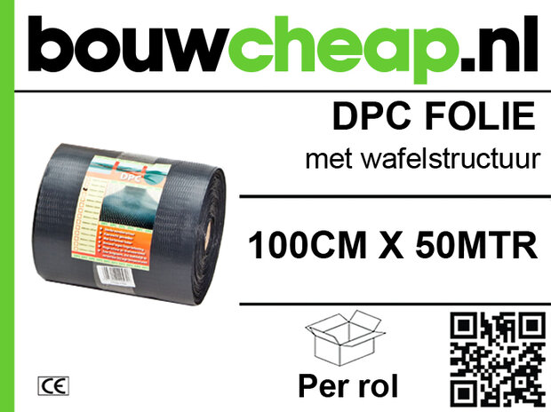 Zwarte DPC folie met wafelstructuur, 100 cm breed en 50 m lang, voorzien van merklogo en QR-code op verpakking.