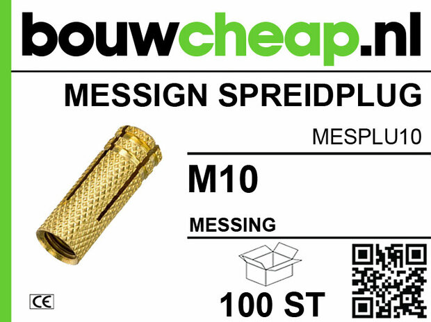 Gouden messing spreidplug met M10 maat, verpakt in een doos van 100 stuks, voorzien van een QR-code.