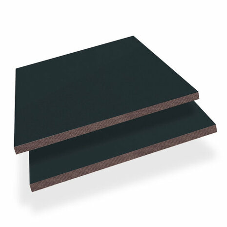 Dik, donkerblauwe plaat van stevig materiaal met een nette, gladde afwerking en een bruine kern aan de randen.