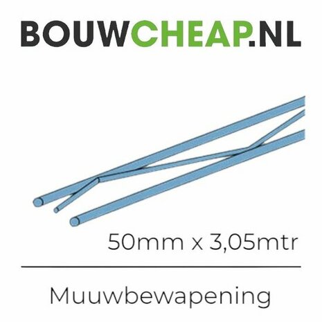Stalen wapeningsstaven in blauw, met afmetingen 50mm x 3,05m, onder 'BouwCheap.nl'.