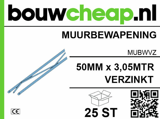 Blauw verzinkt muurbevoegdheidsproduct van Bouwcheap.nl, met specificaties en QR-code op een wit achtergrond.