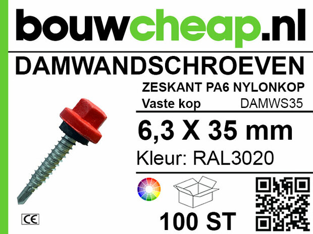 Rode schroef met nylonkop, 6,3 x 35 mm, met tekst en kleurenindicatie op een witte achtergrond. Verpakking voor 100 stuks.