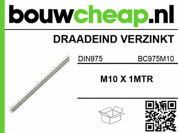 Draaieind van verzinkte staal, M10 x 1 meter, met groen logo van bouwcheap.nl en QR-code onderaan.