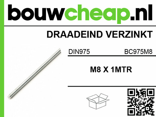 Verzinkt draad eind M8 x 1 meter met merklogo Bouwcheap, gesitueerd op een witte achtergrond met groene accenten.