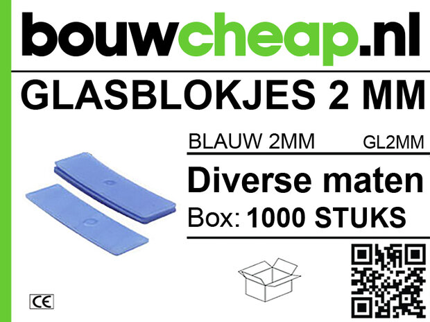 Blauw glasblokjes van 2 mm, verpakking met de tekst 'bouwcheap.nl' en een QR-code, in een doos van 1000 stuks.