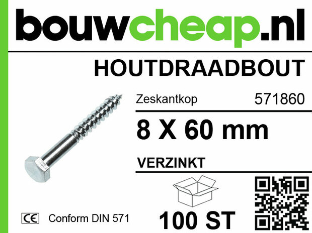 Zeskantige verzinkte houtdraadbout van 8 x 60 mm met blauw merklogo van bouwcheap.nl en QR-code.