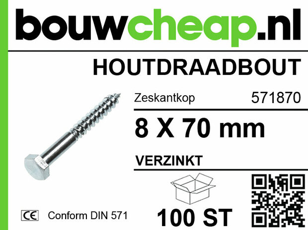 Houten schroef met zeskantkop, verzinkt, 8 x 70 mm, in verpakking van 100 stuks. Bouwcheap-logo zichtbaar.