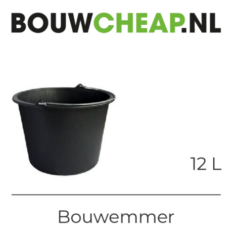 Zwarte bouwemmer van 12 liter met een stevige handgreep. Geschikt voor diverse toepassingen.