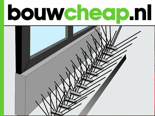 Een illustratie van een muurafwerking met zwart-witte spijkers en een logo van Bouwcheap in groen en zwart.