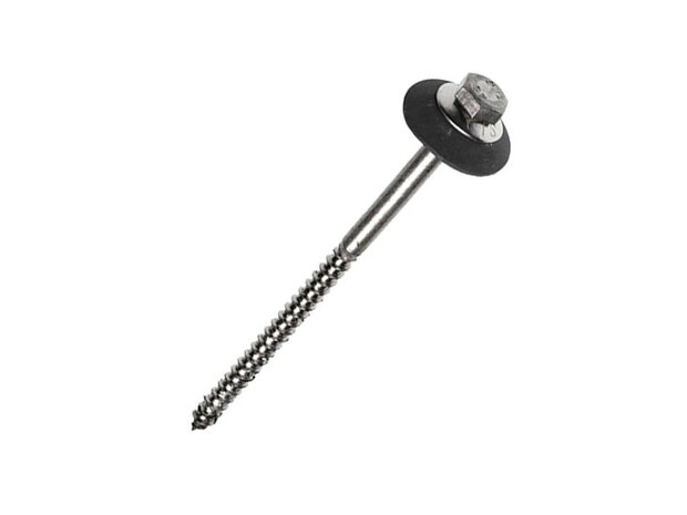 Roestvrijstalen schroef met een zwarte rubberen ring en een zeskantige kop, geschikt voor stevige bevestigingen.