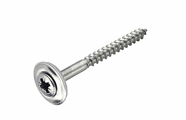 Glinsterende zilveren schroef met een ronde kop en schroefdraad, geschikt voor houtverbindingen.