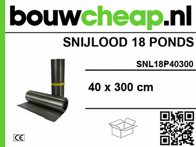 Zwart snijlood in rol met gele band, 40 x 300 cm, met bouwcheap.nl logo en QR-code op een groene achtergrond.