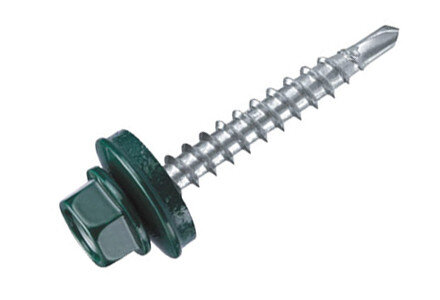 Roestvrijstalen schroef met een groene, metalen ring en een verzonken, kruisvormige kop, geschikt voor diverse bevestigingen.